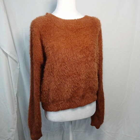 DOUBLE ZERO FUZZY COPPER BROWN CROPPED SWEATER, CHUNKY, WOMENS SIZE LARGE - Picture 1 of 6